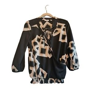 Geometric Print Tie Neck Blouse 3/4 Sleeve Smocked Waist Black‎ Beige Top